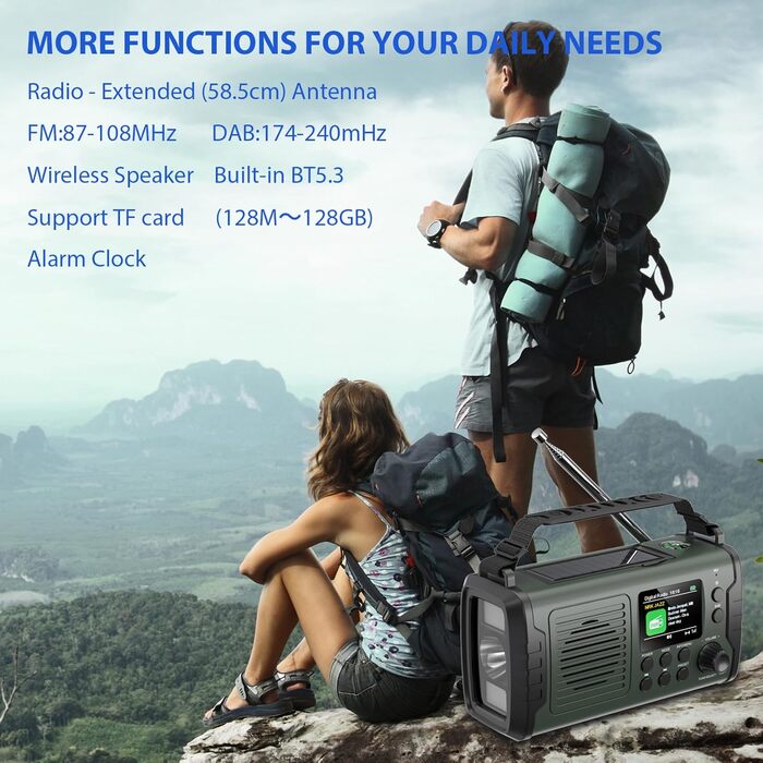 Радіо Kurbelradio на 20000mAh з Bluetooth, DAB/FM, сонячною панеллю, TF-карткою, AUX IN, TFT екраном, LED ліхтариком та SOS кнопкою (ArmyGreen)