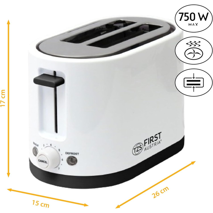Тостер TZS First Austria 4-х секційний з широким прорізом, 1400 Вт, з підсвічуванням, з лотком для крихт, підставка для тостів, теплоізольований корпус, регулювання температури, корпус з нержавіючої сталі, функція розморожування, центрування хліба, білий