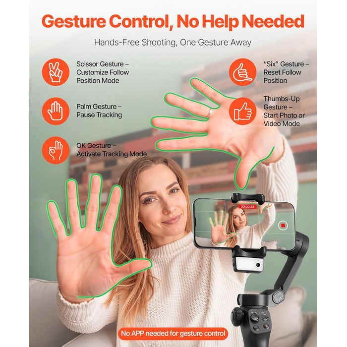 Стабілізатор для смартфона VEVOR з 3-осьовою стабілізацією, трекінг облич/об'єктів, штатив, портативний та складаний, для відеозйомки, DC 3.5–4.2V (без підсвічування, AI-трекінг)
