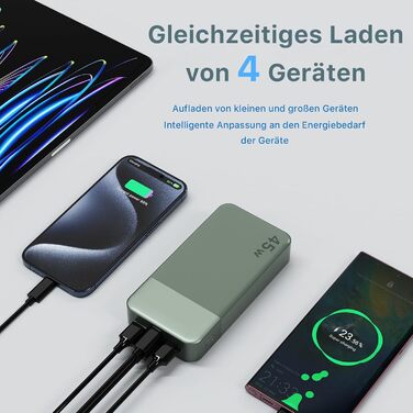 Power Bank NOBIS 20000mAh 45W з кабелем USB-C, портативний зарядний пристрій з цифровим дисплеєм (зелений)