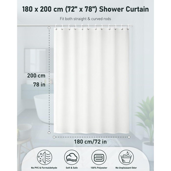 Шторка для душу Uniclife, біла, 180x180 см, тканинна, водонепроникна, з 12 міцними люверсами та обтяженим низом для ванни