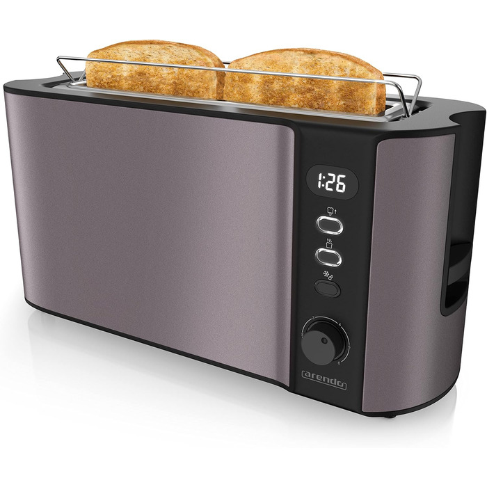 Arendo - 2-Slice Long Slot Toaster - Defrost Function - 1000W - Double-Walled Housing - Integrated Bun Tray - Browning Levels 1-6 - Display with Remaining Time Display D: Silvergrey