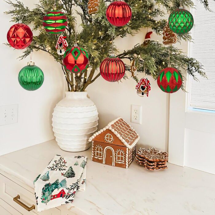 Набір з 12 штучок різдвяних кулі 10 см, великі, ударостійкі, для прикраси ялинки, з гачком (червоно-зелені)