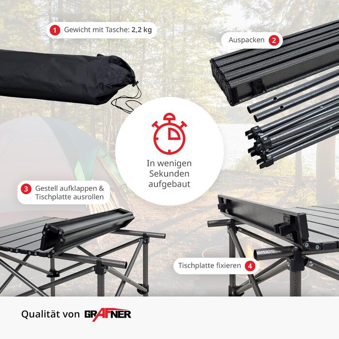 Складний кемпінговий стіл Grafner Ultra Leicht 53.5x50x50 см, вуглецева сталь, чорний - портативний стіл для пікніка, фестивалів та відпочинку на природі