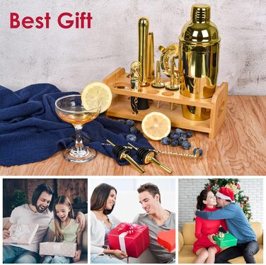 Набір шейкер для коктейлів Esmula 750 мл, 12 предметів, нержавіюча сталь, професійний барменський набір, стильний барний інструмент для дому, з рецептами коктейлів (Золотий)