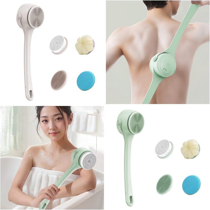 Multifunctional Electric Bath Brush, Shower Brush, Double Handle, 4 Interchangeable Heads for Cleaning