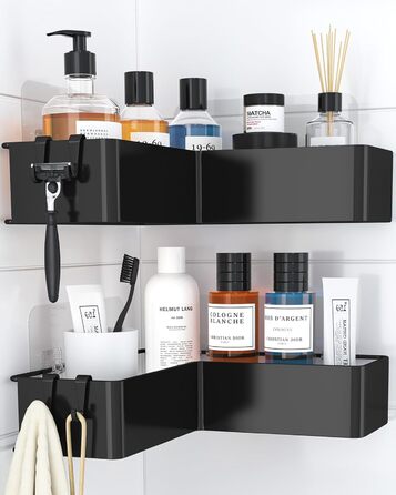 Поличка для душу Kitsure L-подібної форми без свердління - 2 шт. Міцна поличка для кута без свердління з 4 гачками та клейкими смугами, нержавіюча сталь для ванної, кухні та пральні, 24,4 x 11,9 x 6,2 см, Чорний