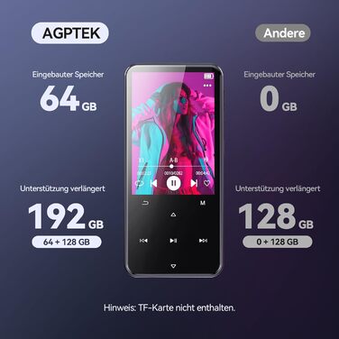 MP3-плеєр AGPTEK 64GB з Bluetooth 5.3, TFT-екраном 2.4