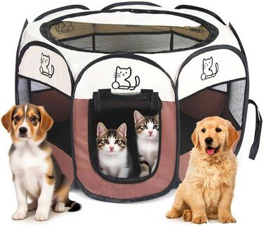 Клітка-вигул для цуценят 74x74x43 см – Розкладний вольєр для собак та котів – Клітка для кроликів та інших дрібних тварин – Безпечний вольєр для дому та на вулицю (Хакі + Кіт)