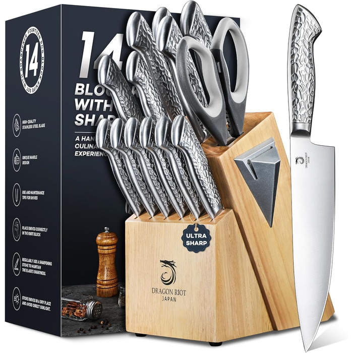 Dragon Riot 14-Piece Self-Sharpening Knife Set with Block - Professional Japanese Stainless Steel Kitchen Knives, Ergonomic Grip, 30cm
