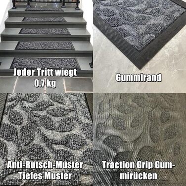 Гумові килимки для сходів Aucuda, 6 шт., 76x22 см, зовнішні, антиковзкі, водостійкі, сірі (листя)