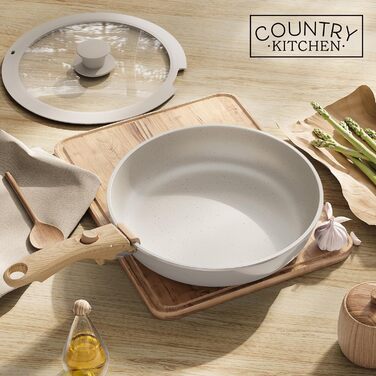 Набір посуду Country Kitchen 16 предметів з керамічним антипригарним покриттям, дерев'яні ручки, для плити та духовки (кремовий з золотистими крапками)