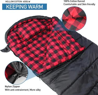 Сплячий мішок Keencamp Flanell Outdoor: теплий, бавовняний, для 3-4 сезонів, до -1°C, XXL, 230x90 см, чорний, для дорослих