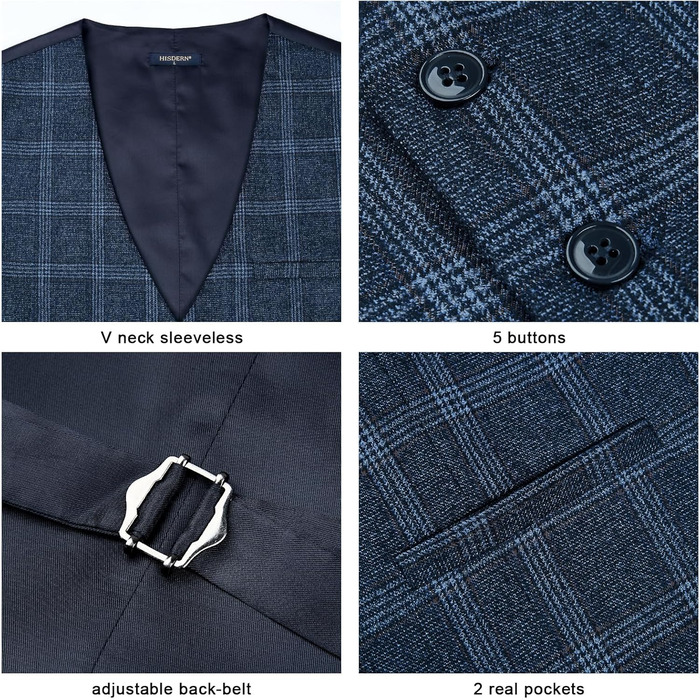 Жилет чоловічий HISDERN у клітинку, блакитний, для весілля та ділових зустрічей, бавовна