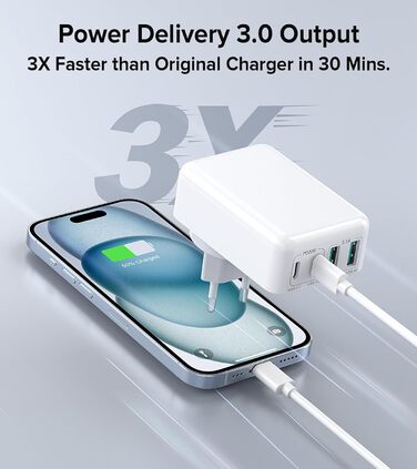 Зарядний пристрій USB-C 65W з 3 портами, кабель 2м, для MacBook, iPhone, Switch, Galaxy, Tablet, Laptop