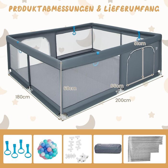 DREAMADE Playpen Baby, 200 x 180cm Playard with 50 Balls & 4 Grips & Carry Bag, Foldable Crawling Gate with Breathable Mesh, for Baby & Toddlers 0-36 Months (Dark Grey)