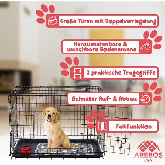 Клітка для собак Arebos | Транспортна переноска для собак, розкладна | Чорна клітка для собак, 92.5 x 60 x 66 см