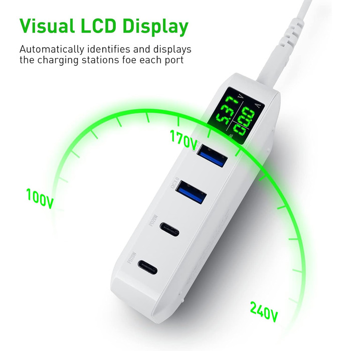 Зарядна станція Schnellladestation PD20W QC3.0 7-в-1 з LCD-дисплеєм, USB-роз'єми, сумісна з iPhone, iPad, Samsung, Huawei (Чорний)