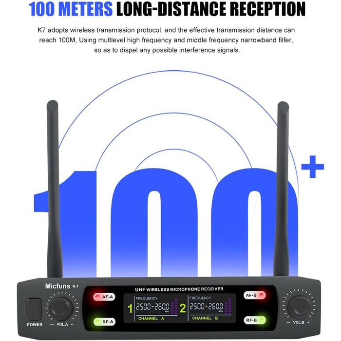 Мікрофонний комплект Micfuns K7 Professional: бездротові ручні мікрофони VHF 230-250 МГц для караоке, вечірок та мовлення. Дальність дії: 100 м