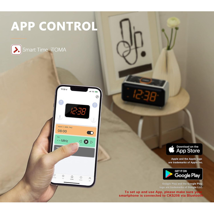 iTOMA Radio Alarm Clock with App Control, Bluetooth, FM Radio, Dual Alarm with 4 Alarm Modes, Easy Snooze, Dimmer, Orange Night Light, 12/24 Hr via USB Charging Port CKS208