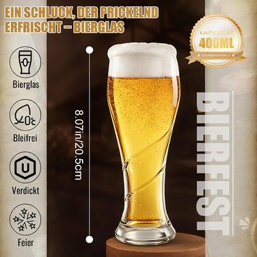 Набір келихів для пива 400 мл, безсвинцеве скло, спіралевидний дизайн, стійкі до температур та посудомийки, 6 шт.