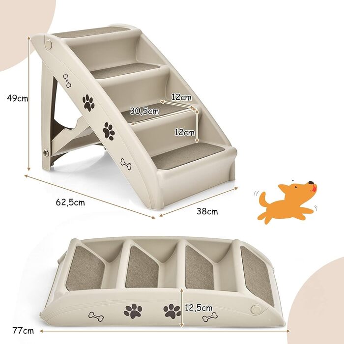 Сходинка для тварин GYMAX з 4 сходинками, розкладні сходи для собак і котів з антиковзкими підкладками, 4 килимки та трикутна структура (Бежевий)