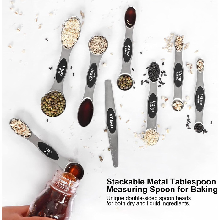 Magnetic Measuring Spoon Set, Stainless Steel with Leveler, 9-Piece, Stackable, Metal, Measuring Spoons for Baking, Measuring Cups and Spoons, Kitchen Gadgets, Home Accessories, Fits in Spice Jars