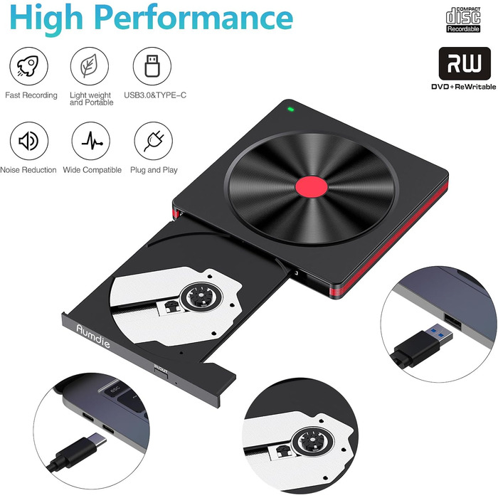 Зовнішній DVD-накопичувач та CD-привід USB 3.0 / USB-C, зовнішній DVD-записувач для ноутбука, ПК, Mac, Windows 11/10/8.1/7, Linux, чорний