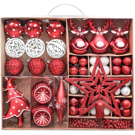 Набір ялинкових прикрас Victor's Workshop 92 шт. – пластикові кулі, червоно-білі, з оленями для декору ялинки та святкування