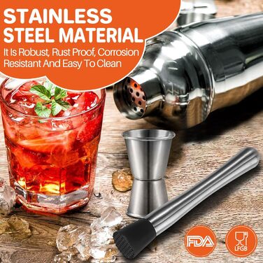 FUNYKICH Cocktail Shaker Set with Stand, 22pcs Stainless Steel Cocktail Shaker Set: 750ml Cocktail Shaker, Measuring Cups, Muddler, Spoon, Strainer, Jigger, Ice Tongs, Bottle Opener, Bar Measure; Bar Accessories Gift