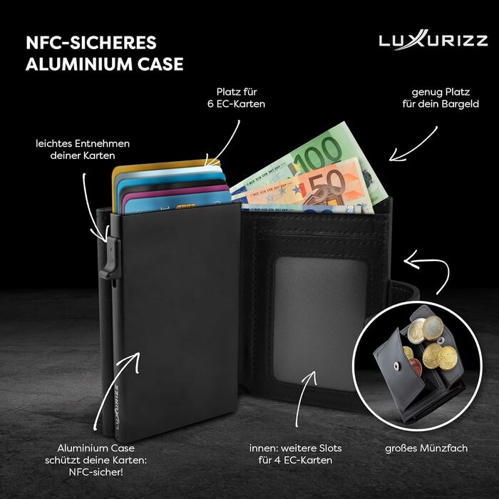 Чоловічий та жіночий шкіряний гаманець Luxurizz Smart Wallet з RFID-захистом - Slim модель з відділом для монет та Slider-системою (10 карт, чорний)