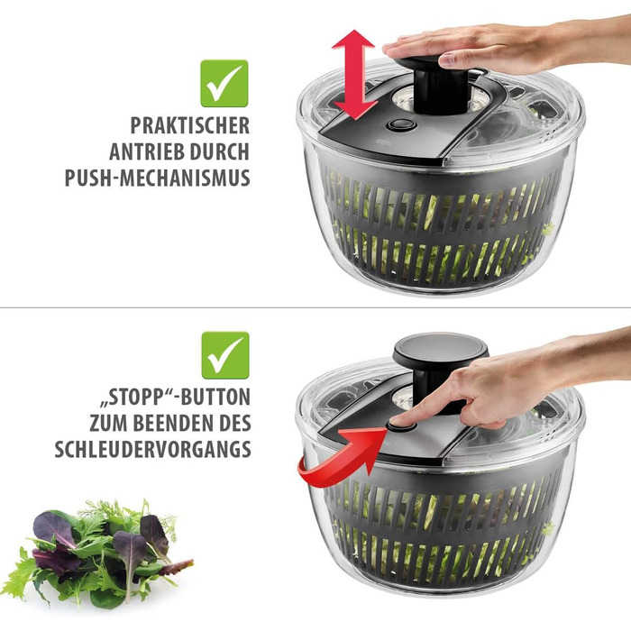 GEFU Салатниця-шпинька 5л з механізмом Push, вбудований виливний отвір та кнопка стоп, неслизька поверхня, придатна для миття в посудомийній машині, прозора