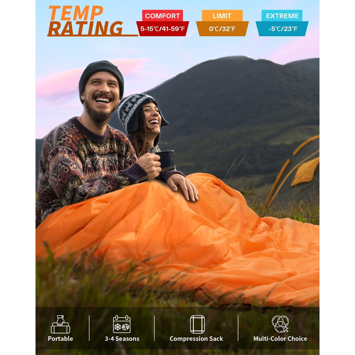 Сплячий мішок Outdoor Sportneer для 2 осіб, 3 сезони, 220x150 см, 2.75 кг, з 2 подушками, для дорослих, оранжевий (без фланелевої підкладки)