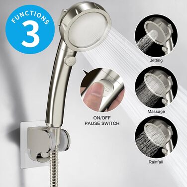 KAIYING Drill-Free High-Pressure Handheld Showerhead with ON/OFF Pause Switch, 3 Spray Modes, Water-Saving Showerhead, Detachable Puppy Shower Accessory (M: Showerhead + Holder + Hose) (Brushed Nickel)