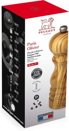 Млинок для перцю Peugeot Paris 18 см, ручний, класичне регулювання помолу, лакований чорний, дерев'яний, модель 1870418, оливкове дерево
