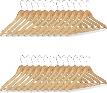 Relaxdays Clothes Hanger Set, 24 Wooden Trouser Hangers, Wardrobe Hangers, 360° Swivel Hooks, WxH: 22.5x44.5cm, natural/silver
