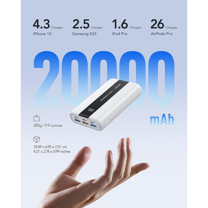 Power Bank VRURC 20000mAh: Швидка зарядка 22.5W, USB-C, 6 портів, LED-дисплей, для iPhone, Samsung, Huawei, iPad, Зелений