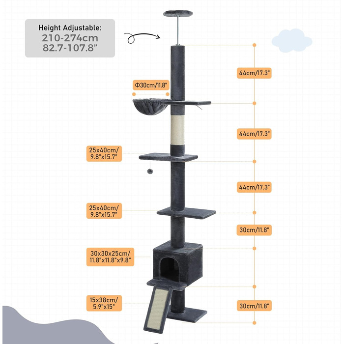 PAWZ Road Дерево для котів з гамаком та котячою печерою, регульоване по висоті (216-273 см), антиковзне кріплення, темно-сірий
