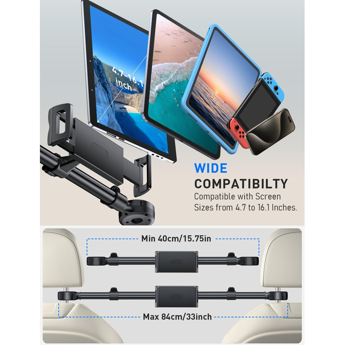 Тримач для планшета TRYONE в авто - регульований, універсальний, для iPad, Samsung Tab, Switch, телефонів (4.7-16.1 дюймів)