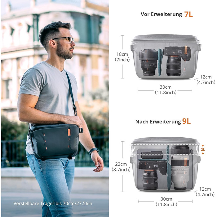 PGYTECH OneMo Sling Camera Bag 7L-9L: Водонепроникна фотосумка на плече для Sony, Canon, Nikon, DJI Mini 4 Pro, Avata 2, Mavic, зі штативом та ноутбуком, чорна