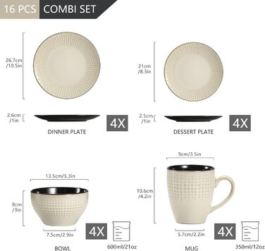 Тарілки та чашки GUTO Vancasso - 48-кількісний сервіз для 12 осіб (тарілки, десертні тарілки, миски, чашки)