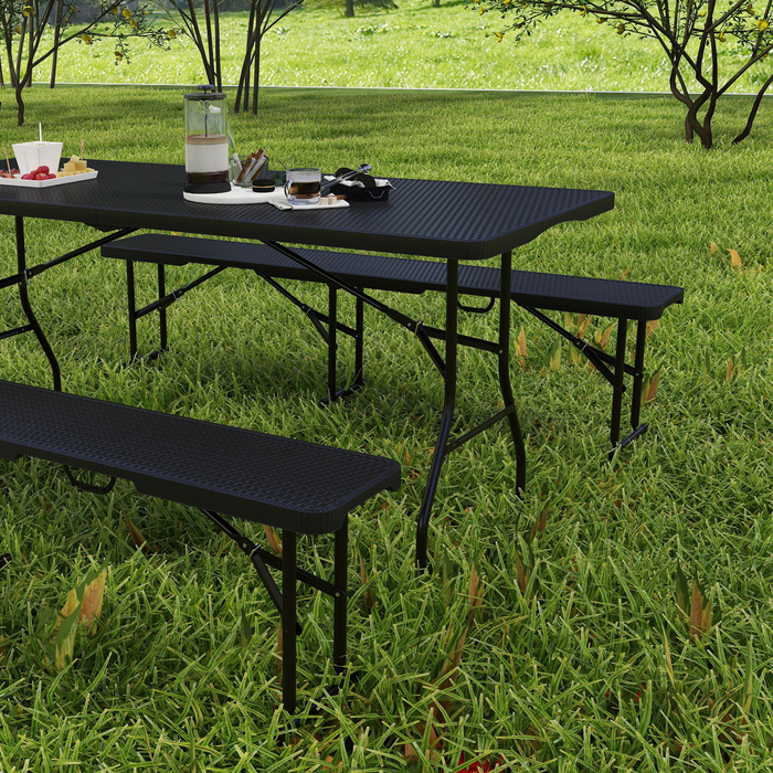 Outsunny 3-Piece Picnic Table and Bench Set, Folding, Plastic & Metal, Black