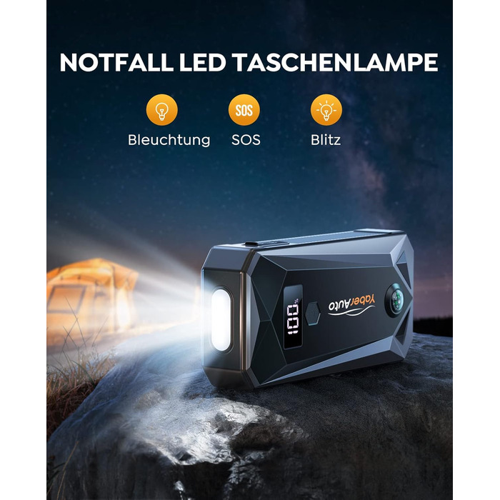 Портативний пусковий пристрій YaberAuto YA50 3000A з LCD-дисплеєм та LED-ліхтариком (4500A, 21800mAh) - для бензинових та дизельних двигунів до 7.0L