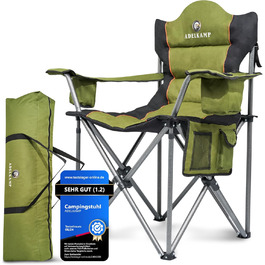 Складний туристичний стілець ADELKAMP з товстим м'яким сидінням, висока вантажопідйомність 150 кг, з сумкою-холодильником та тримачем для напоїв – переможець тесту 2024, преміум-якість, оливковий колір