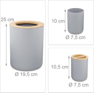 Набір для ванної кімнати Relaxdays, 6 предметів: аксесуари для ванної з пластику та бамбуку, повна комплектація, сірий колір