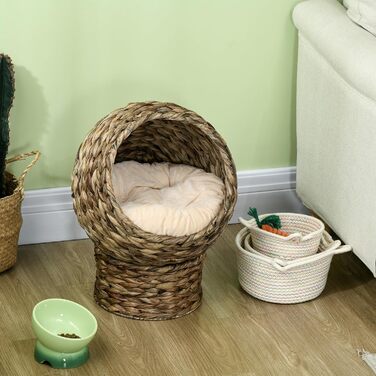 PawHut Rattan Cat Basket Cat Cave Cat House Cat Bed with Cushion Pet Bed Water Hyacinth 42 x 33 x 52 cm (42L x 33W x 52H cm, Coffee)
