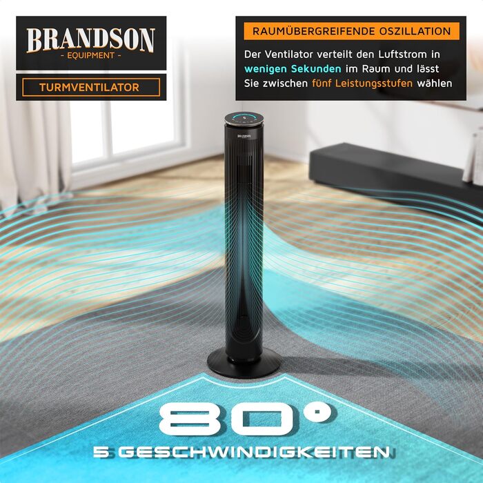 Вентилятор Brandson з дистанційним керуванням, арома-відсіком, тихий, з осциляцією, таймером, 4 режими, 5 швидкостей, LED дисплеєм, чорний