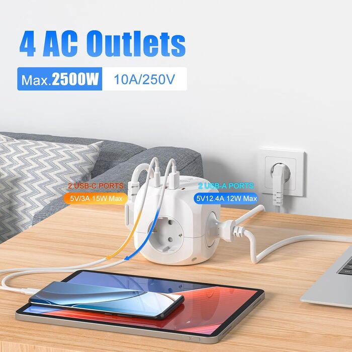 Блок розеток з USB-C, 4 розетки, плоский штекер, індивідуальне вмикання, багаторозетка-куб з 2м плетеним кабелем для офісу, дому, подорожей - білий 002-MF (4 розетки 2м)