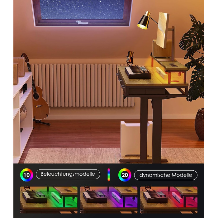 OffiGo Electric Standing Desk with Drawers, 120cm Adjustable Height Desk with Monitor Stand, Gaming Desk with Power Outlets & LED Light Bar, Brown Office Desk - 120 x 54cm