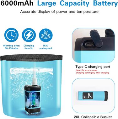 Портативна душова кабіна Kazaigou для кемпінгу з акумулятором 6000mAh, термометром та відром для відпочинку, подорожей, автомийки